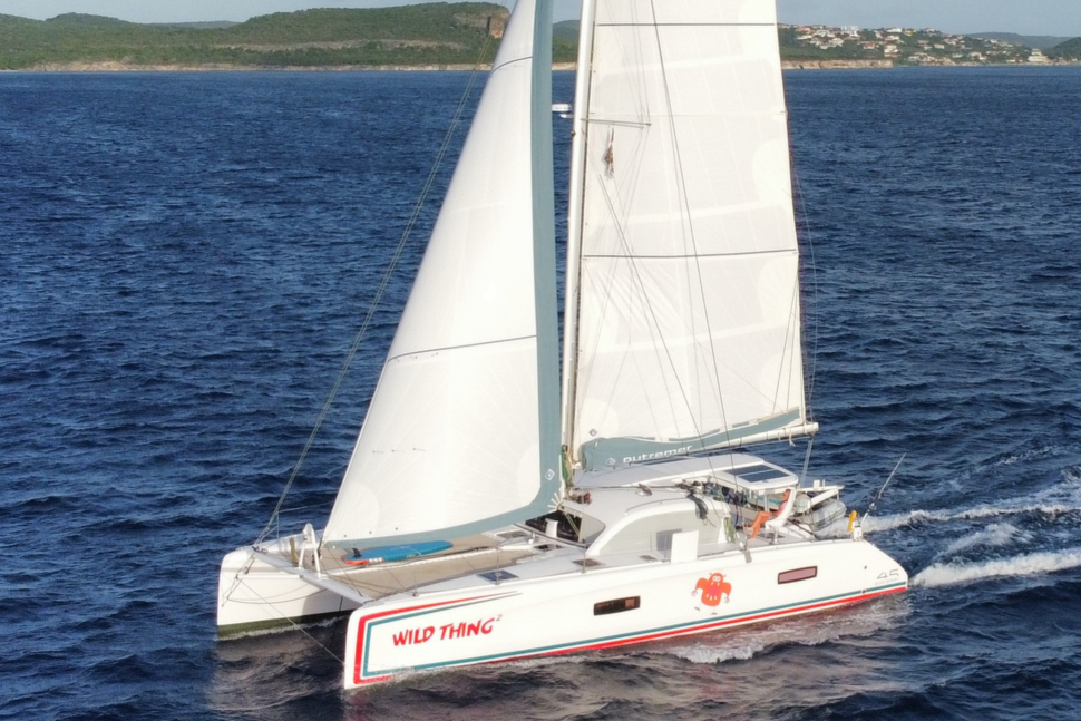 01 outremer 45 catamaran sailing upwind main and jib