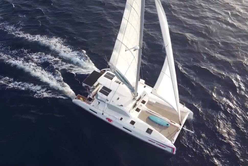 05 outremer 45 catamaran overhead drone view sailing