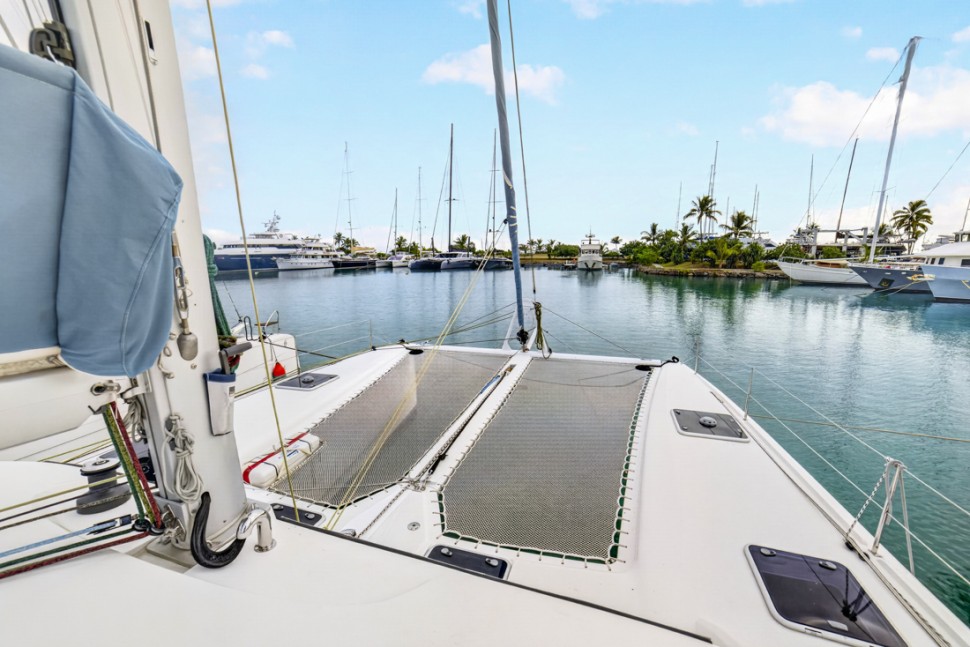 08 outremer 45 catamaran bow trampolines marina view