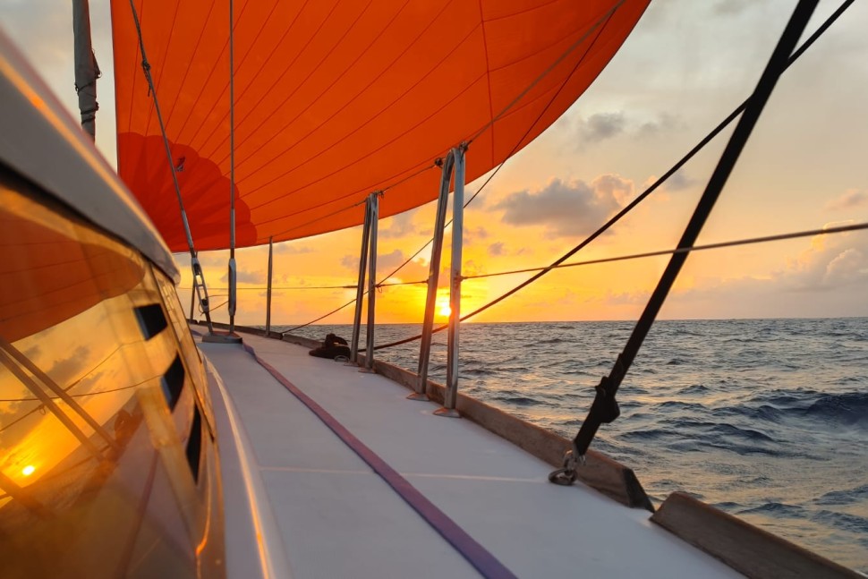 jeanneau sun odyssey 469 09 sailing gennaker sunset